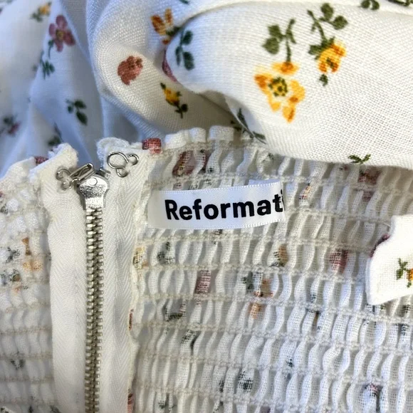 Reformation Dolci White Floral 100% Linen Midi Dress Sweetheart Neckline Size 6 - Picture 7 of 8